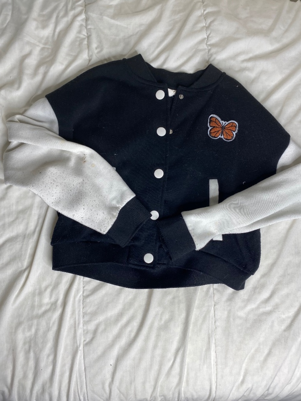 Pink Republic Black and White Varsity Jacket with Orange Butterfly